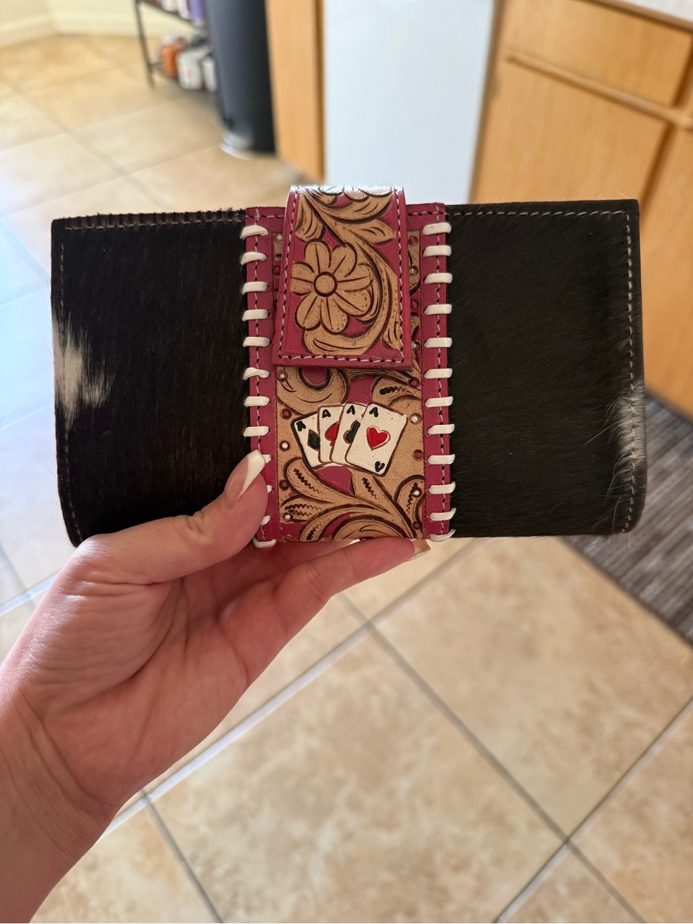 Brand new leather cowhide Wallet with Floral & Playing Card Accent
